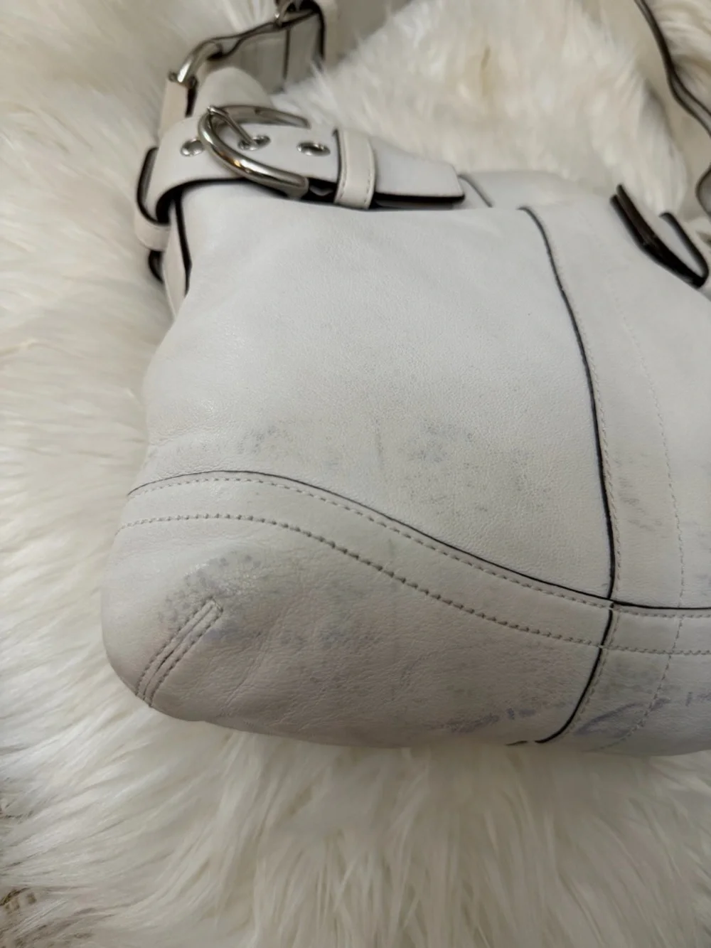 Vintage Coach White Leather Shoulder Bag with Silver Buckle Accents# 1452